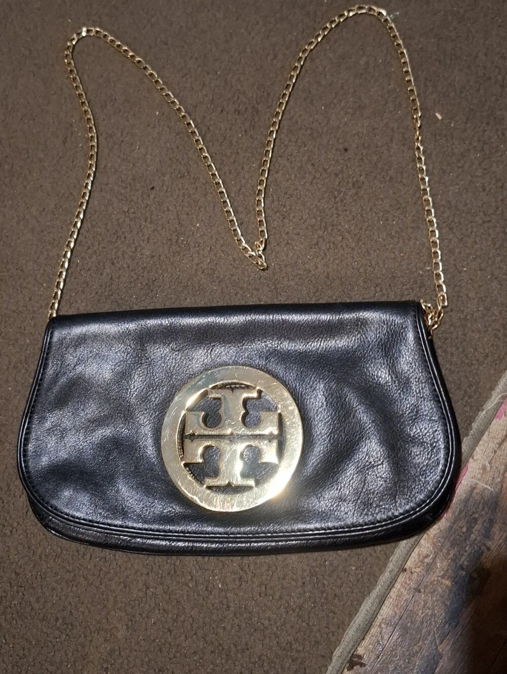 Tory Burch Black Leather Clutch with Gold Logo